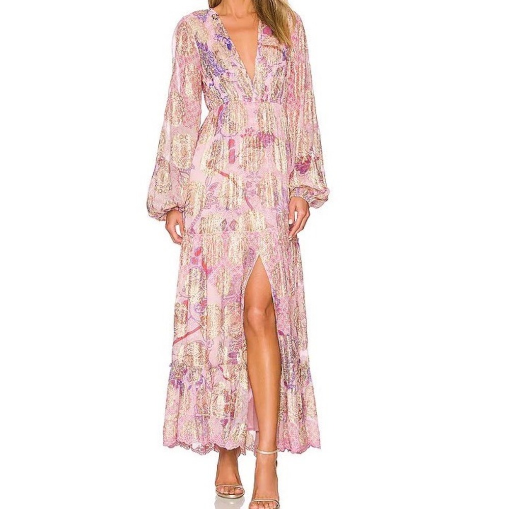 Hemant & Nandita Amal Long‎ Maxi Dress in Lilac Pink Gold Floral Boho - Medium